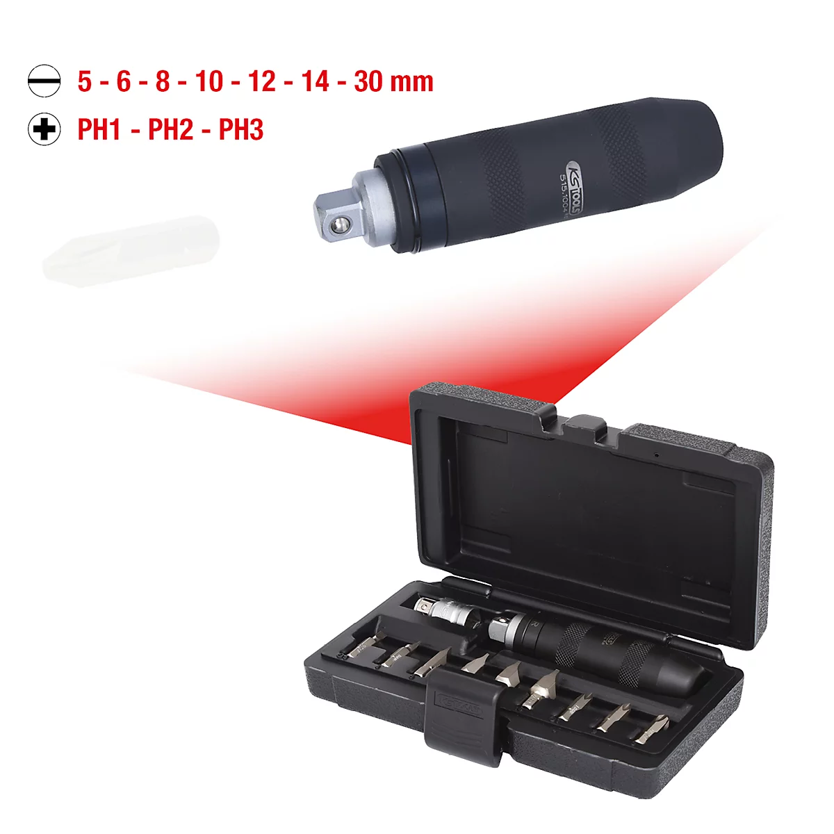 Schlagschrauber-Set in schwarzem Koffer, mit Bits und Adaptern. Aufschrift: 5-6-8-10-12-14-30 mm und PH1-PH2-PH3.